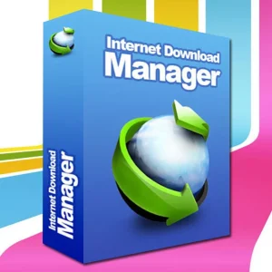 Software: A caixa azul com "Internet Download Manager" e um globo cercado por setas verdes está disponível para compra na loja de software. O fundo exibe listras diagonais vibrantes em rosa, laranja, branco e azul, garantindo entrega imediata.