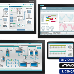 Software: Uma colagem de quatro capturas de tela da interface do software Siemens SIMATIC WinCC 7.5 SP2 ilustra gráficos, sistemas de controle de máquinas e análise de dados. À direita, um banner azul diz "Envio Instantâneo, Ativação Online, Licença Original" - perfeito para quem deseja comprar licença com entrega imediata em nossa loja de software.