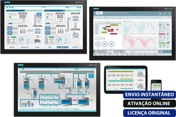 Software: Uma colagem de quatro capturas de tela da interface do software Siemens SIMATIC WinCC 7.5 SP2 ilustra gráficos, sistemas de controle de máquinas e análise de dados. À direita, um banner azul diz "Envio Instantâneo, Ativação Online, Licença Original" - perfeito para quem deseja comprar licença com entrega imediata em nossa loja de software.