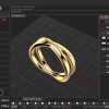 Software: A interface do Panther 3D - Software Para Joalheria, um plugin para o Rhino 7, exibe um modelo de anel de ouro cruzado. A tela é adornada com várias barras de ferramentas e painéis de configurações para gemas, materiais e dimensões de anéis definidos contra um fundo de grade. Isso oferece uma experiência intuitiva para usuários que buscam comprar software com entrega imediata.