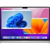 Software: Um MacBook prateado exibe uma tela dividida, operando suavemente desktops Windows e macOS usando o Parallels Desktop 19.1 para Mac - Software Vitalício. O lado do Windows exibe um fundo de redemoinho azul, enquanto o macOS apresenta um papel de parede abstrato colorido. Ideal para quem busca comprar software com entrega imediata.