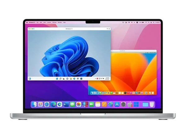 Software: Um MacBook prateado exibe uma tela dividida, operando suavemente desktops Windows e macOS usando o Parallels Desktop 19.1 para Mac - Software Vitalício. O lado do Windows exibe um fundo de redemoinho azul, enquanto o macOS apresenta um papel de parede abstrato colorido. Ideal para quem busca comprar software com entrega imediata.