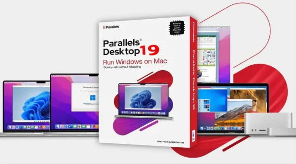 Software: Caixa do Parallels Desktop 19.1 para Mac com o texto "Executar Windows no Mac", exibindo telas do Mac e do Windows com vários aplicativos. Este software oferece integração perfeita da interface do Windows com o Mac. Compre sua licença para entrega imediata e experimente eficiência aprimorada hoje mesmo!