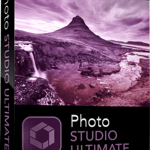 Software: Capa da caixa do InPixio Photo Studio Ultimate 11.0 - Licença Vitalícia, disponível na sua loja de software preferida, apresentando uma paisagem dramática com montanha e cachoeira em tons roxos. O texto inclui envio instantâneo, ativação online e licença original.