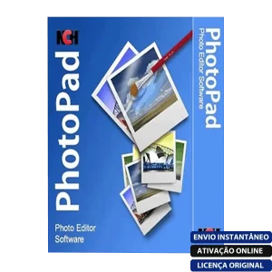 Software: Capa de caixa do NCH ​​PhotoPad Image Editor Professional 7.45, com fotos em camadas com um pincel em um fundo azul. As etiquetas indicam ativação online e licença original em português, disponível para entrega imediata através da sua loja de software local.