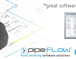 Software: Uma pessoa com um capacete amarelo examina um projeto detalhado enquanto a tela exibe uma interface de software. O texto destaca recursos como software excelente e serviço excepcional, mencionando o PipeFlow Expert 2022 para líquidos e gases, disponível para compra na sua loja de software preferida.