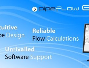 Software: Banner promocional para PipeFlow Expert 2022 - Software e Licença. Os principais recursos incluem design intuitivo de tubos, cálculos de fluxo confiáveis e suporte de software incomparável. A imagem apresenta uma caixa de software ao lado de um monitor exibindo um diagrama de fluxo. O texto em português destaca a entrega instantânea — compre agora na nossa loja de software!