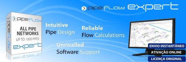 Software: Banner promocional para PipeFlow Expert 2022 - Software e Licença. Os principais recursos incluem design intuitivo de tubos, cálculos de fluxo confiáveis e suporte de software incomparável. A imagem apresenta uma caixa de software ao lado de um monitor exibindo um diagrama de fluxo. O texto em português destaca a entrega instantânea — compre agora na nossa loja de software!