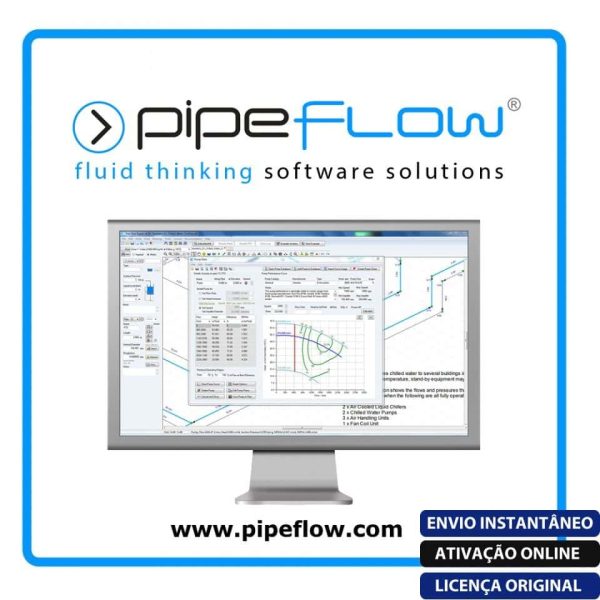 Software: Um monitor de computador com o PipeFlow Expert 2022 - Software e Licença exibe um diagrama detalhado e interface de dados. Melhore sua análise de fluidos com nossas soluções avançadas de software. Texto adicional na parte inferior: Envio Instantâneo, Ativação Online, Licença Original. Explore em nossa loja de software e faça sua compra hoje mesmo!