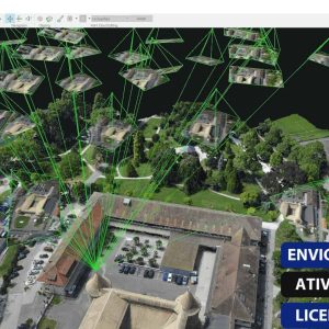 Software: Uma interface de software de mapeamento 3D exibe imagens aéreas de um parque, com linhas verdes marcando pontos de dados. As etiquetas sobrepostas em português dizem ENVIO INSTANTÂNEO, ATIVAÇÃO ONLINE e LICENÇA ORIGINAL. Adquira facilmente o Pix4D Pix4Dmapper Enterprise - Licença Vitalícia através da nossa loja de software para uma integração perfeita.