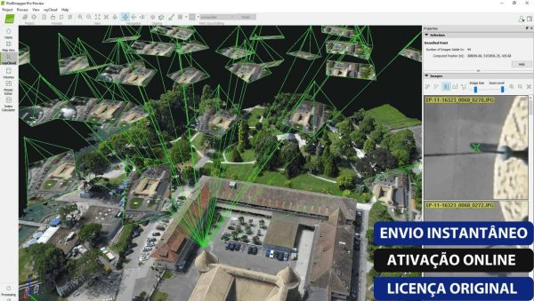 Software: Uma interface de software de mapeamento 3D exibe imagens aéreas de um parque, com linhas verdes marcando pontos de dados. As etiquetas sobrepostas em português dizem ENVIO INSTANTÂNEO, ATIVAÇÃO ONLINE e LICENÇA ORIGINAL. Adquira facilmente o Pix4D Pix4Dmapper Enterprise - Licença Vitalícia através da nossa loja de software para uma integração perfeita.