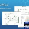 Software: A imagem promocional do ProMax 2022 - Simulador de Processos Químicos exibe diagramas de engenharia e fluxogramas, com rótulos em português: “Envio instantâneo”, “Ativação online” e “Licença original”. Possui um tema loja de software, incorporando um esquema de cores azul e branco contra um fundo de padrão hexagonal.