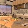 Software: Uma cozinha contemporânea com uma mesa de jantar de madeira para quatro, destacada por um backsplash de azulejos estampados e vegetação interna. A vista do horizonte da cidade através de uma grande janela realça o ambiente, enquanto eletrodomésticos integrados, como micro-ondas, forno e fogão, proporcionam conveniência semelhante à eficiência perfeita do Promob Plus Enterprise 2023 + Cut Pro.