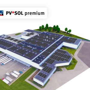 Software: Uma vista aérea mostra um grande edifício industrial adornado com vários painéis solares em seu telhado. Cercado por estacionamentos e vegetação exuberante, ele simboliza o comprometimento com práticas comerciais sustentáveis. No canto superior esquerdo, o logotipo PV*SOL premium 2024 R6 – Licença Vitalícia em Português é exibido com destaque, perfeito para quem busca comprar software com entrega imediata.