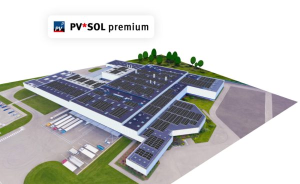 Software: Uma vista aérea mostra um grande edifício industrial adornado com vários painéis solares em seu telhado. Cercado por estacionamentos e vegetação exuberante, ele simboliza o comprometimento com práticas comerciais sustentáveis. No canto superior esquerdo, o logotipo PV*SOL premium 2024 R6 – Licença Vitalícia em Português é exibido com destaque, perfeito para quem busca comprar software com entrega imediata.