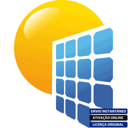 Software: Ilustração de um sol e uma grade azul semelhante a um painel solar. O texto no canto inferior direito diz "Envio Instantâneo, Ativação Online, Comprar Licença de Software PVsyst 7.4 - Licença Anual" em rótulos azuis.