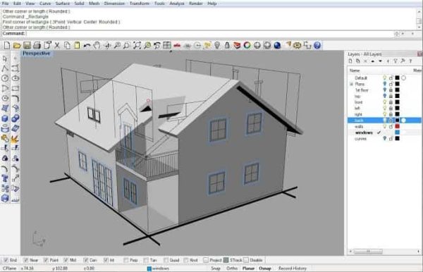Software: Descubra um modelo arquitetônico tridimensional de uma casa de dois andares usando o Rhinoceros 8.7 - Rhino 8 (2024) Software Completo com Licença. O software apresenta uma variedade de ferramentas e camadas à direita, destacando as inúmeras janelas, sacada e telhado inclinado da casa. Perfeito para quem busca comprar software com entrega imediata para projetos de design suaves.