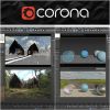 Software: Uma captura de tela de uma interface de software de renderização 3D mostra casas cercadas por árvores e céus, exibindo com destaque o logotipo da Corona. O painel direito apresenta uma cena externa com esferas reflexivas sob diferentes condições de iluminação, tornando-o perfeito para aqueles interessados em comprar o 