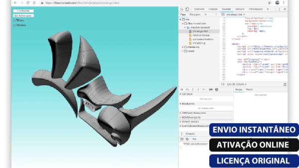 Software: A interface do Rhinoceros 8.7 - Rhino 8 (2024) exibe uma estrutura cinza e abstrata contra um fundo ciano no software de modelagem 3D. O código ocupa o ambiente de desenvolvimento à direita, enquanto as sobreposições de texto em português declaram: Envio instantâneo, Ativação online, Licença original — perfeito para qualquer um que esteja procurando comprar licença nesta loja de software.