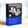 Software: Um pacote de software intitulado "Rhinoceros 8.7 - Rhino 8 (2024) Software Completo com Licença", com um logotipo do Windows, é exibido com destaque. A caixa destaca recursos em português, como "Versão mais completa" e "Sem Limitações". Este software está disponível para compra em uma loja de software e promete entrega imediata.