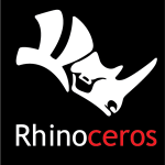 Software: Descubra o icônico logotipo do software Rhinoceros 3D com uma cabeça de rinoceronte branca estilizada em um fundo preto elegante. O texto 