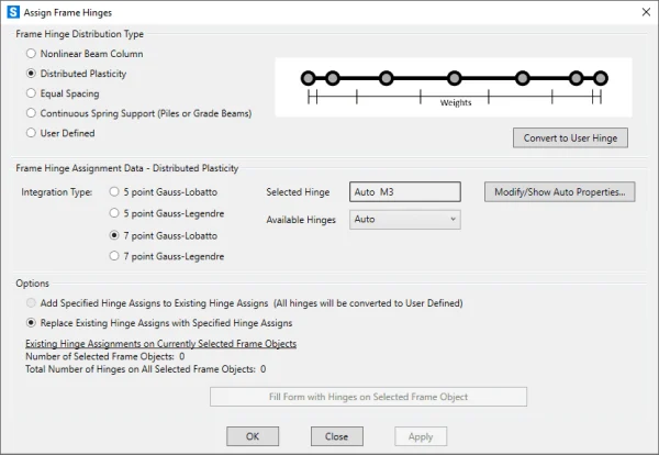 Software: Captura de tela da janela do software SAP2000 Versão 25 (2024) intitulada Assign Frame Hinges, apresentando opções para atribuir distribuições de dobradiças de estrutura e tipos de integração. O gráfico ilustra pesos em uma viga, com botões para atribuições de dobradiças e propriedades de modificação — perfeito para aqueles que buscam soluções de software imediatas.