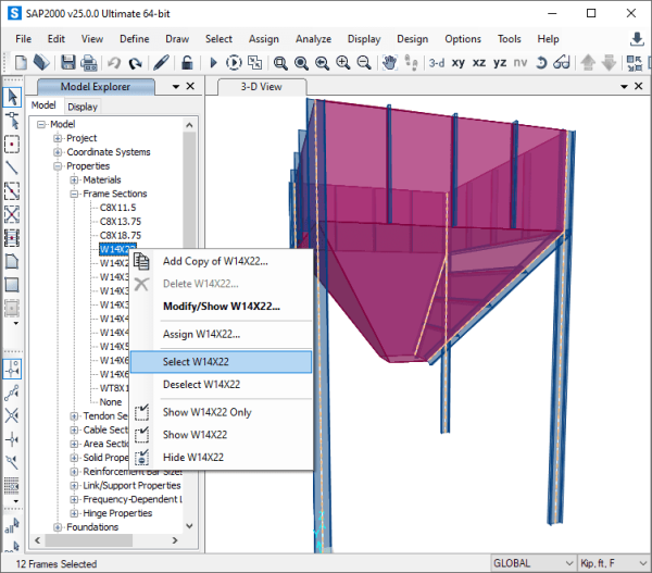 Software: Captura de tela da interface do SAP2000 Versão 25 (2024) de uma loja de software, mostrando uma visão 3D de um modelo estrutural com um componente rosa em forma de funil e moldura azul. Um menu de contexto é aberto com opções para selecionar ou modificar a seção W14X22, ideal para usuários que buscam entrega imediata.
