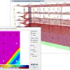Software: O SAP2000 Versão 25 (2024) - Software Completo e Vitalício apresenta um gráfico 3D ilustrando a razão de largura de fissura de serviço usando superfícies vermelhas, marrons e rosas. Inclui um encarte com um gradiente de arco-íris para representar contornos de tensão/deformação para uma curva. A interface do software apresenta vários valores numéricos e opções para análise imediata.
