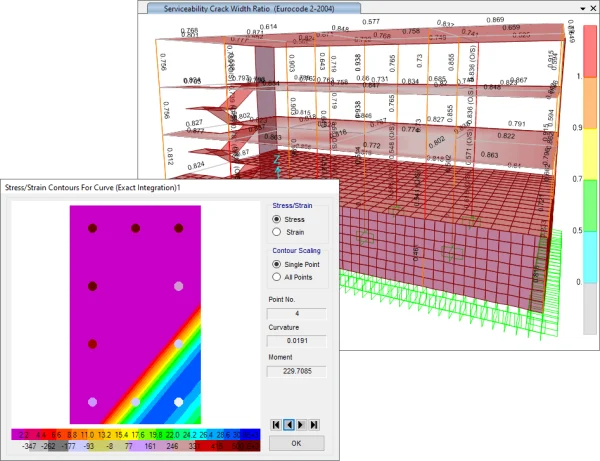 Software: O SAP2000 Versão 25 (2024) - Software Completo e Vitalício apresenta um gráfico 3D ilustrando a razão de largura de fissura de serviço usando superfícies vermelhas, marrons e rosas. Inclui um encarte com um gradiente de arco-íris para representar contornos de tensão/deformação para uma curva. A interface do software apresenta vários valores numéricos e opções para análise imediata.