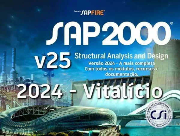 Software: Imagem promocional do CSI SAP2000 Ultimate 25 (2024), apresentando software de análise estrutural e design detalhado em cenários arquitetônicos industriais e urbanos. O texto destaca a versão 2024 com uma licença vitalícia, exibindo orgulhosamente o logotipo do CSI. Perfeito para quem procura comprar licença em uma loja de software confiável.