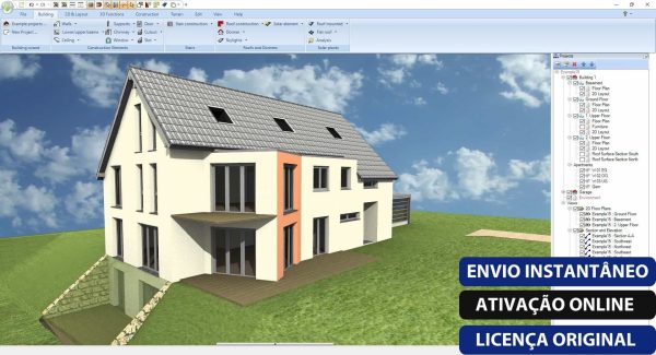 Software: Uma renderização arquitetônica 3D de uma casa moderna com um telhado inclinado, janelas grandes e um deck de madeira é exibida usando o Ashampoo 3D CAD Professional 8.0.0. A interface do software mostra menus e um diretório de arquivos, com sobreposições de texto com os dizeres Envio Instantâneo, Ativação Online, Licença Original e Comprar Licença para acesso imediato.