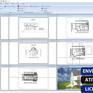 Software: Uma tela de computador exibe o Ashampoo 3D CAD Professional 8.0.0, apresentando o software de projeto arquitetônico com várias guias abertas, apresentando vários planos de construção e elevações. Um banner diz: "Envio Instantâneo, Ativação Online, Licença Original" - perfeito para quem deseja comprar o Ashampoo 3D CAD Professional 8.0.0 com entrega imediata.