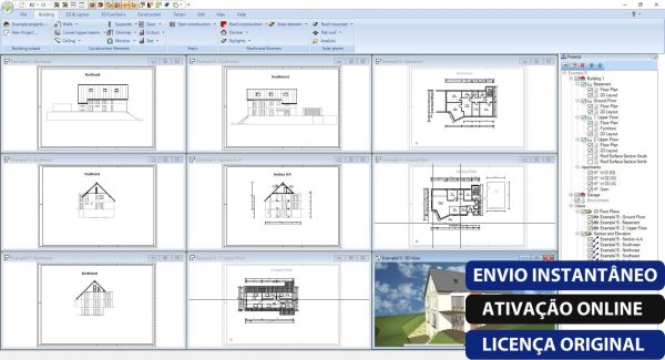 Software: Uma tela de computador exibe o Ashampoo 3D CAD Professional 8.0.0, apresentando o software de projeto arquitetônico com várias guias abertas, apresentando vários planos de construção e elevações. Um banner diz: "Envio Instantâneo, Ativação Online, Licença Original" - perfeito para quem deseja comprar o Ashampoo 3D CAD Professional 8.0.0 com entrega imediata.