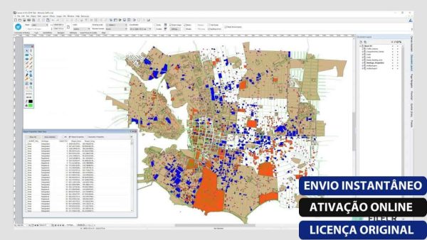 Software: Uma tela de computador mostra a interface do software Canvas X Geo 20.0 Build 519 x64 GIS com um mapa exibindo várias seções coloridas e uma tabela de dados visível no lado esquerdo. As tags azuis no canto inferior direito dizem Envio Instantâneo, Ativação Online e Licença Original, enfatizando a dedicação desta loja de software à entrega imediata.