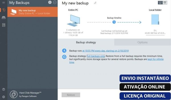 Software: Captura de tela da interface do Paragon Hard Disk Manager 17 Business exibindo o status de uma tarefa de backup chamada "Meu novo backup". A interface inclui um cronograma de backup, detalhes da estratégia e uso do armazenamento. Botões rotulados como "Envio Instantâneo", "Ativação Online" e "Licença Original" fornecem opções como entrega imediata.
