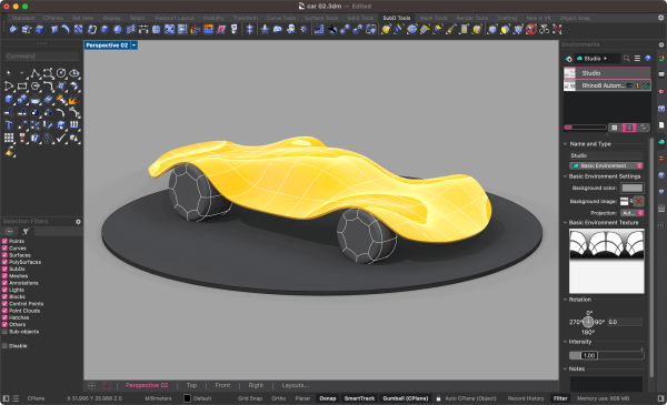 Software: A interface do Rhinoceros 8.7 - Rhino 8 (2024) Software Completo com Licença exibe um modelo de carro amarelo em uma plataforma preta e elegante. A tela inclui várias barras de ferramentas e opções, como camadas, configurações básicas de ambiente e propriedades de objetos — ideal para quem procura comprar software com entrega imediata.