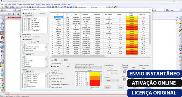Software: Uma tela de computador exibe uma interface de software apresentando uma tabela com várias colunas de dados e caixas coloridas indicando diferentes níveis de energia. O texto em português diz: ENVIO INSTANTÂNEO, ATIVAÇÃO ONLINE, LICENÇA ORIGINAL. Visite nossa loja de software para entrega instantânea na compra do ETAP 19 - Licença Vitalícia.