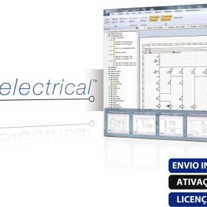 Software: Captura de tela do software SEE Electrical V8R2 (Vitalício) exibindo um diagrama de circuito elétrico. A interface inclui várias ferramentas e opções. O texto no lado direito destaca "entrega imediata", "ativação online" e "licença original" em português para clientes que desejam comprar o software.