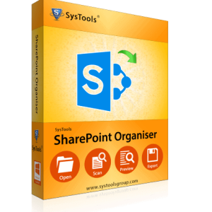 Software: Caixa do software SysTools SharePoint Migrator com ícones para abrir, digitalizar, visualizar e exportar em um fundo laranja e amarelo. Ideal para profissionais que buscam eficiência, este software está disponível na sua loja de software favorita com entrega imediata.