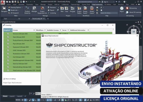 Software: Captura de tela mostrando a interface do SSI ShipConstructor Suite Ultimate, exibindo dados ao lado de um modelo de navio 3D parcial. Um pop-up fornece informações de versão. O plano de fundo apresenta uma interface com guias com listas de componentes ou projetos. O texto em português discute licenciamento e opções para comprar licença, enfatizando os principais recursos do software.