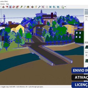 Software: Um modelo 3D no SketchUp Pro 2024 - Licença Vitalícia mostra uma pequena cidade com edifícios vibrantes, árvores exuberantes e uma ponte que atravessa um rio. A interface apresenta uma variedade de ferramentas e componentes. Um banner em português de uma loja de software enfatiza a entrega imediata, ativação online e o fornecimento de uma licença original.