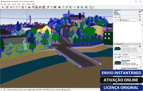 Software: Um modelo 3D no SketchUp Pro 2024 - Licença Vitalícia mostra uma pequena cidade com edifícios vibrantes, árvores exuberantes e uma ponte que atravessa um rio. A interface apresenta uma variedade de ferramentas e componentes. Um banner em português de uma loja de software enfatiza a entrega imediata, ativação online e o fornecimento de uma licença original.