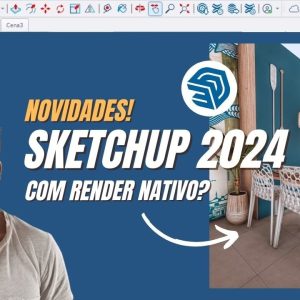 Software: Um homem surpreso é retratado ao lado de uma captura de tela da interface do SketchUp Pro 2024 apresentando uma renderização 3D de uma sala de jantar moderna. O texto diz: Novidades! SketchUp Pro 2024 com renderização nativa? Adquira já em nossa loja de software com entrega imediata!