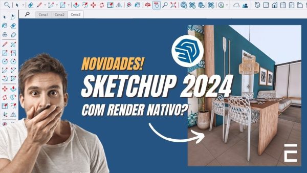 Software: Um homem surpreso é retratado ao lado de uma captura de tela da interface do SketchUp Pro 2024 apresentando uma renderização 3D de uma sala de jantar moderna. O texto diz: Novidades! SketchUp Pro 2024 com renderização nativa? Adquira já em nossa loja de software com entrega imediata!
