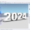 Software: Uma renderização digital em um programa de modelagem 3D apresenta números grandes e brancos 2024 contra um fundo azul claro. À esquerda, está uma figura estilizada segurando um livro verde, simbolizando o futuro do software. O 