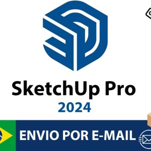 Software: O logotipo do SketchUp Pro 2024 - Português / Inglês - Licença Vitalícia apresenta um desenho geométrico azul na parte superior. Abaixo, o texto transmite a entrega do e-mail com ícones de pacote e envelope. O canto inferior esquerdo é adornado com uma bandeira do Brasil, representando “entrega imediata” para clientes que desejam “comprar licença” de uma loja de software confiável.