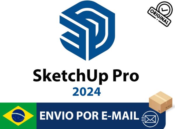 Software: O logotipo do SketchUp Pro 2024 - Português / Inglês - Licença Vitalícia apresenta um desenho geométrico azul na parte superior. Abaixo, o texto transmite a entrega do e-mail com ícones de pacote e envelope. O canto inferior esquerdo é adornado com uma bandeira do Brasil, representando “entrega imediata” para clientes que desejam “comprar licença” de uma loja de software confiável.