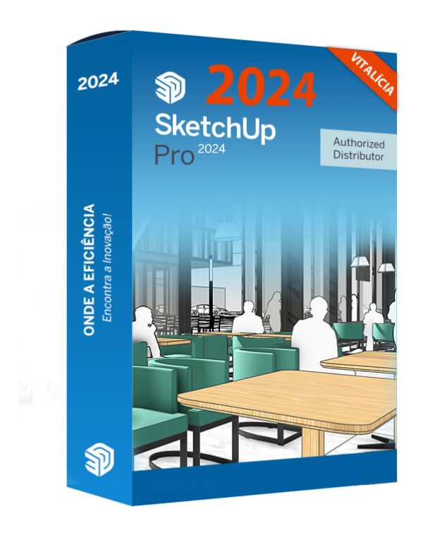 Software: Caixa do SketchUp Pro 2024 - Licença Vitalícia (Português/Inglês), disponível para compra na loja de software. A imagem apresenta um conceito de design de interiores com mesas e cadeiras, com tons de azul e laranja em destaque na embalagem que enfatiza “ONDE A EFICIÊNCIA Encontra a Inovação”. Aproveite a entrega instantânea na compra!