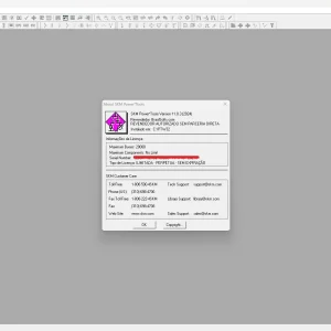 Software: Uma janela de software apresenta detalhes de licenciamento e informações de ID do sistema para SKM PTW 2024 v11.0.0.3 - Power*Tools, incluindo número da versão, ID da placa de rede e data de expiração. Os usuários podem comprar licença para acesso instantâneo por meio de sua loja de software favorita selecionando 