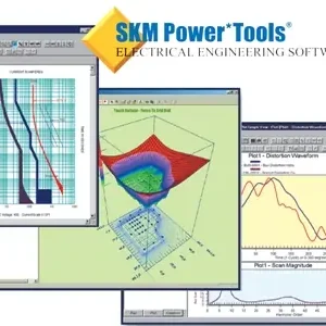 Software: Descubra uma colagem de três capturas de tela do SKM PTW 2024 v11.0.0.3 - Power*Tools, completo com licença, em nossa loja de software. Ele apresenta visualizações, incluindo um gráfico de linha e um gráfico 3D, ilustrando formas de onda elétricas e dados de magnitude de varredura, com o logotipo do SKM Power*Tools exibido com destaque na parte superior.